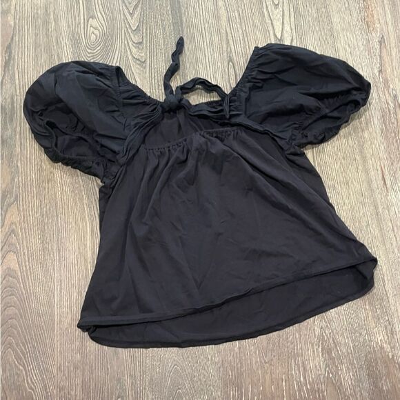 A New Day Blouse Short Balloon Sleeves Cut Out Tie Back Casual Black Large - Picture 4 of 4